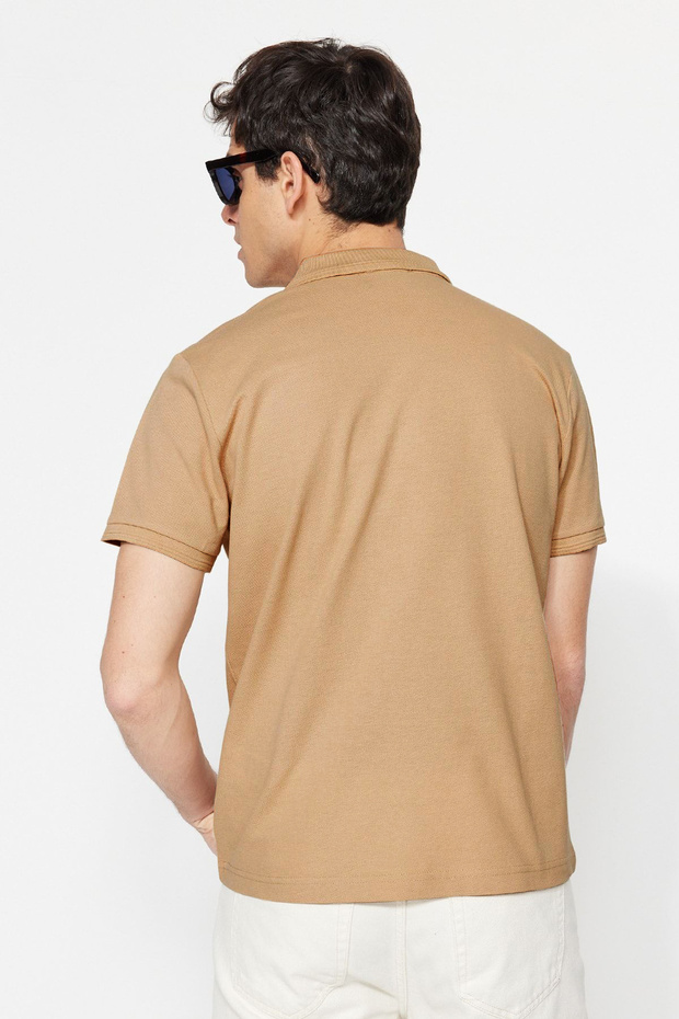 Beżowa, prążkowana, dopasowana koszulka polo z kołnierzykiem - 100% bawełny Tmnss20Po0009 - 3