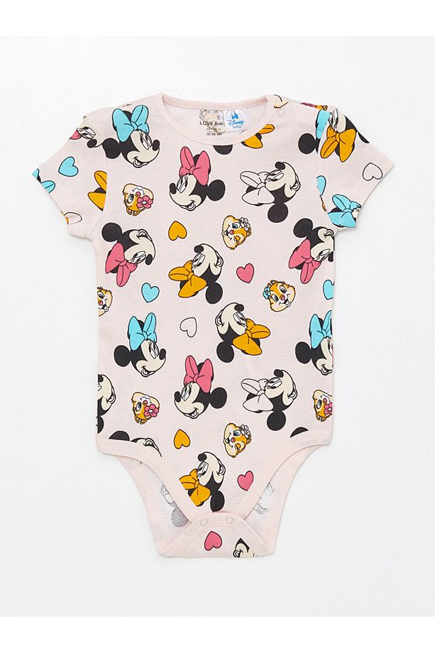 LCW baby Bisiklet Yaka Kısa Kollu Minnie Mouse Baskılı Kız Bebek Çıtçıtlı Body 2'li - 4