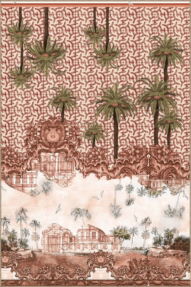 Beige Themed Ancient Town Design Tree and Building Patterned Vintage Decorative Carpet 5076