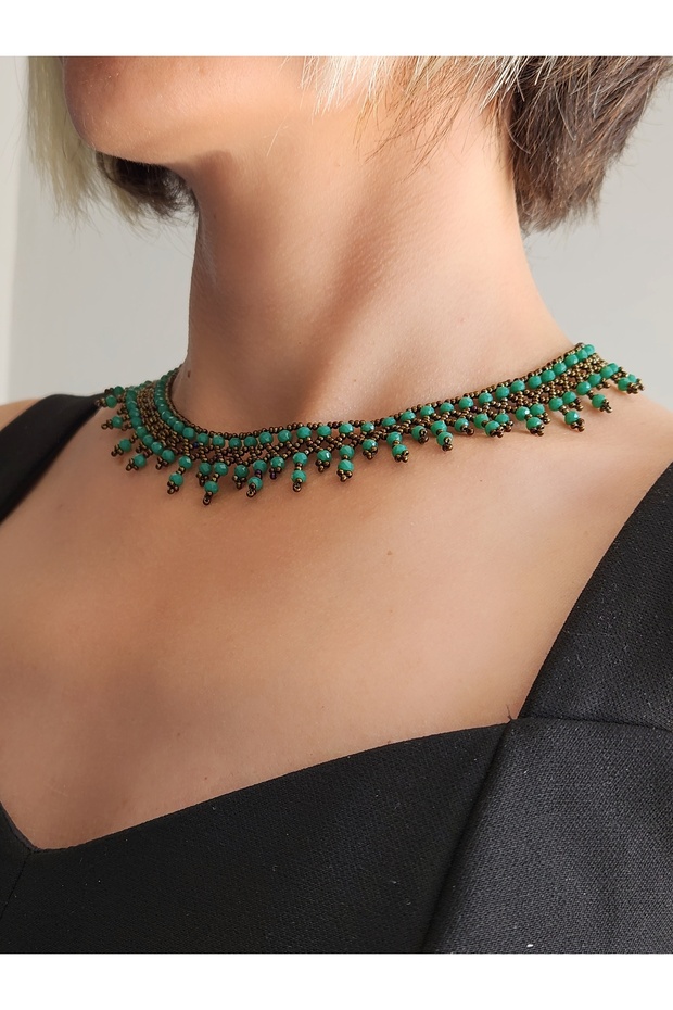 Ethnic Bohemian Sand Crystal Bead Handmade Cluster Green Necklace