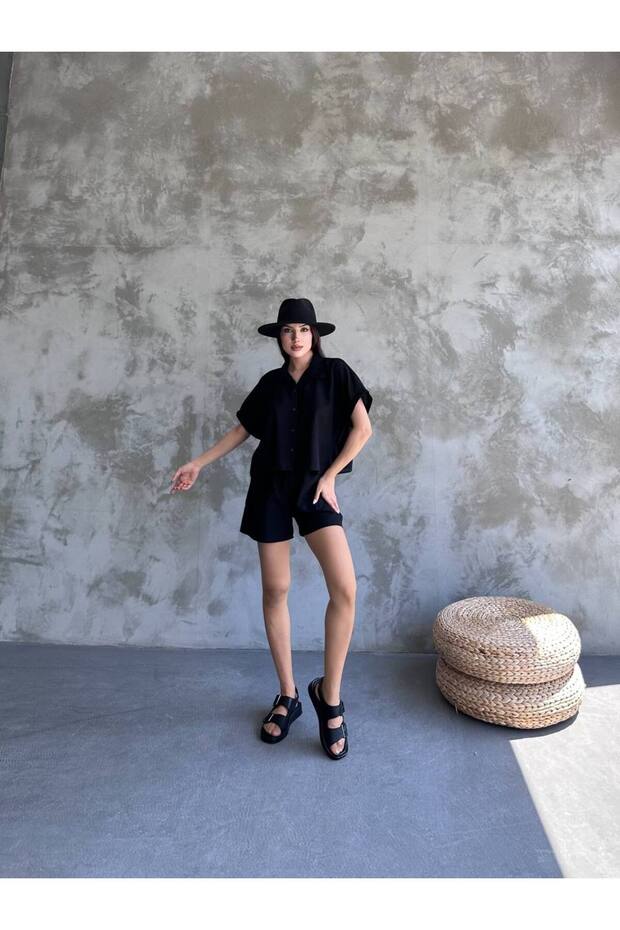 Women's Linen Shirt Shorts Set Black Oversize