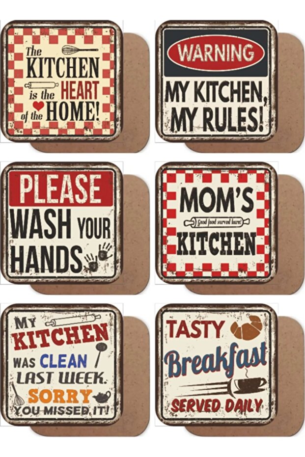 Kitchen-Themed Retro 6-Piece Wooden Coaster Set