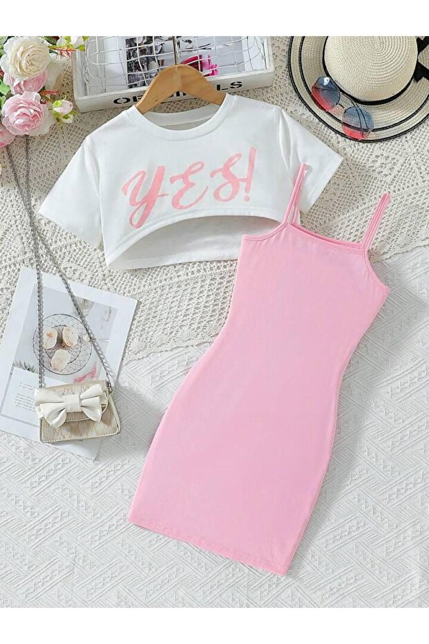 Kids Yes Printed Dress & Crop T-Shirt 2-Piece Combination