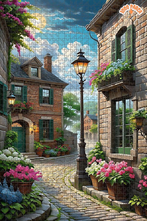 Bahar Çiçekleriyle Bezeli Taş Sokaklar Çift Katlı Çerçeveli Asılabilir Ahşap Puzzle 150 PARÇA 30X20 - 7