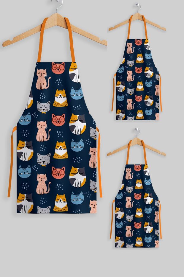 Ays Home 3-Piece Mother Child Colorful Cat Kitchen Apron Set