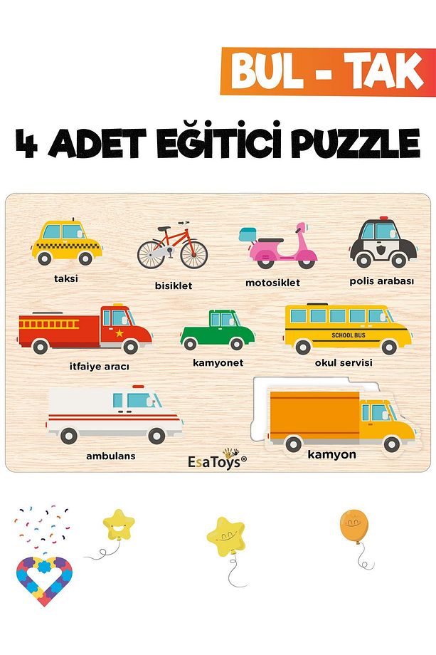 Ahşap Çocuk Puzzle Hayvanlar Taşıtlar Meslekler Ve Meyveler 4 Adet Puzzle - 2