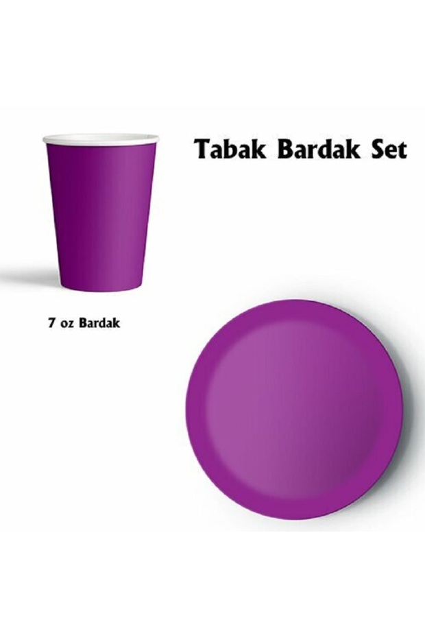 8'li Mor Renk Karton Tabak ve Bardak Set - 1
