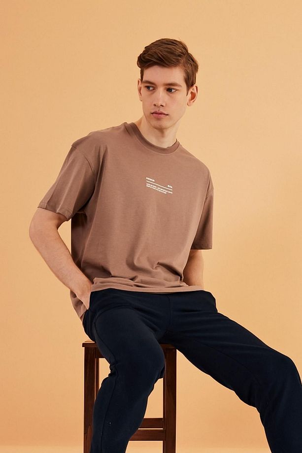 Leo Erkek Oversize Tshirt %100 Pamuk Bisiklet Yaka Baskı Detaylı Basic Vizon Tişört - 7