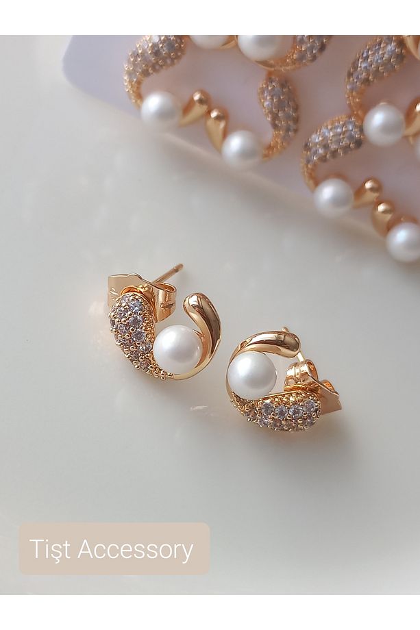 Xupıng Gold Minimal Koi İncili Çelik Küpe - 1