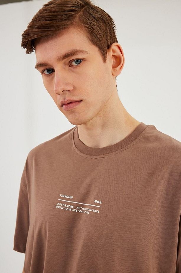 Leo Erkek Oversize Tshirt %100 Pamuk Bisiklet Yaka Baskı Detaylı Basic Vizon Tişört - 5