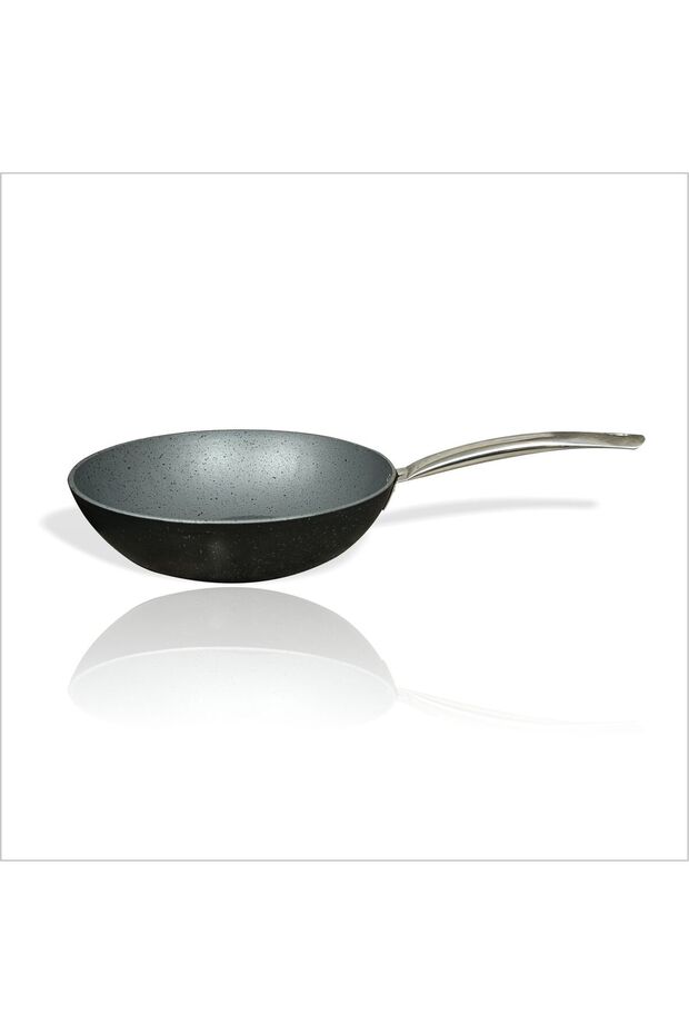 Large Size 28 cm Granite Wok Pan Vok Vog Wog Fireproof Non-Stick Deep Curved Slanted Sauté Pan Stainless Non-Burnable Handle with Bakelite Handle Home Industrial Kitchen Cooking Utensils Pan Set