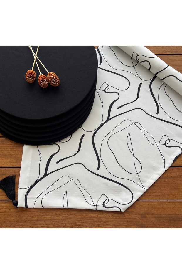 Placemat, 6-Piece Black Placemat and Table Runner Cover Set with Black Knot Stitch, New Collection