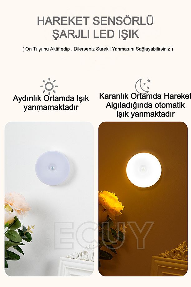 Şarjlı Hareket Sensörlü Gece Led Lambası Sarı Işık Dolap, Mutfak, Merdiven,Koridor, Bebek Odası Işık - 3