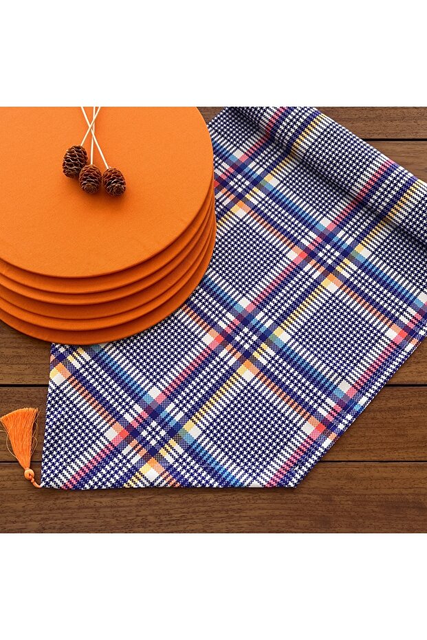 American Service, 6-Piece Light Orange Placemat and Runner, Colorful Plaid Set 2, Christmas Table, Christmas