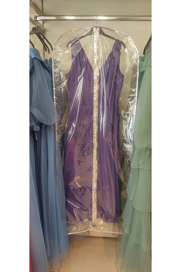 Evening Dress Cover, Full Transparent Long Dress Protector and Carrying Bag, Edge Stripe Metallized Piping, 160x64 cm,
