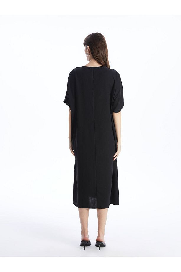 V Yaka Düz Kısa Kollu Oversize Hamile Elbise - 5