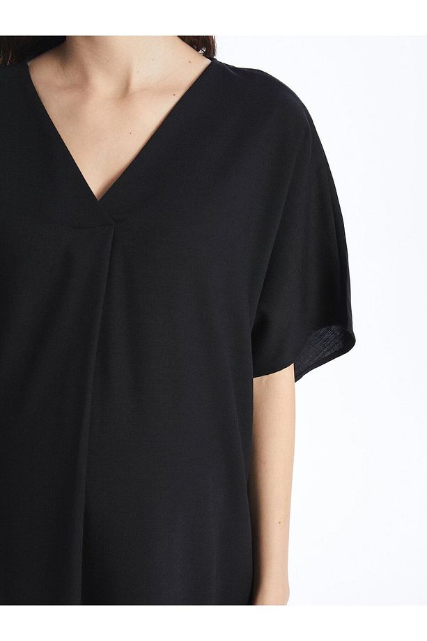 V Yaka Düz Kısa Kollu Oversize Hamile Elbise - 4