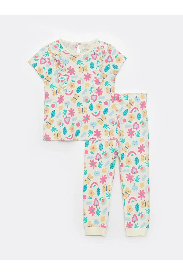 Crew Neck Short Sleeve Printed Baby Girl Pajama Set