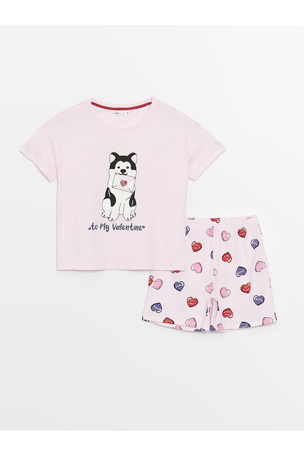 Bisiklet Yaka Baskılı Kısa Kollu Kadın Şortlu Pijama Takımı Pembe - 1