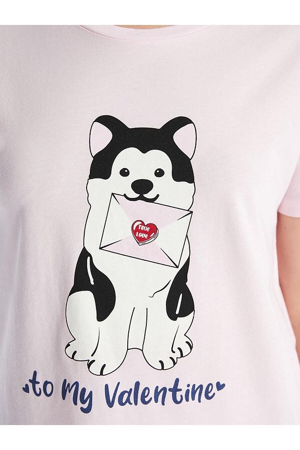 Bisiklet Yaka Baskılı Kısa Kollu Kadın Şortlu Pijama Takımı Pembe - 5