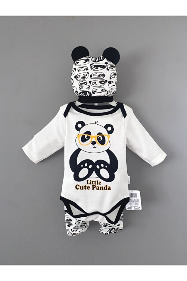 Zancoworld 100% Cotton Minnoş Panda Printed 3-Piece Bodysuit Set/ Hat - Snap-On Badi - Bottom