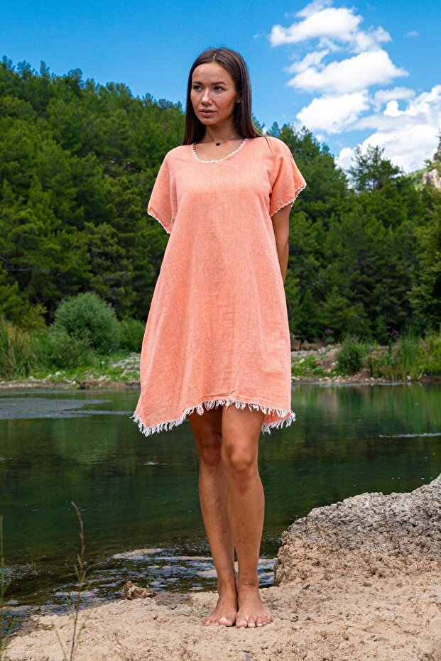 Wide Cut Beach Dress, 100% Cotton, Handmade Needle Embroidered, Tassel, Thin and Special Woven