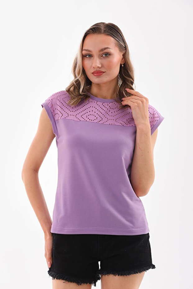 Lila Dantelli Bisiklet Yaka Bluz - 3