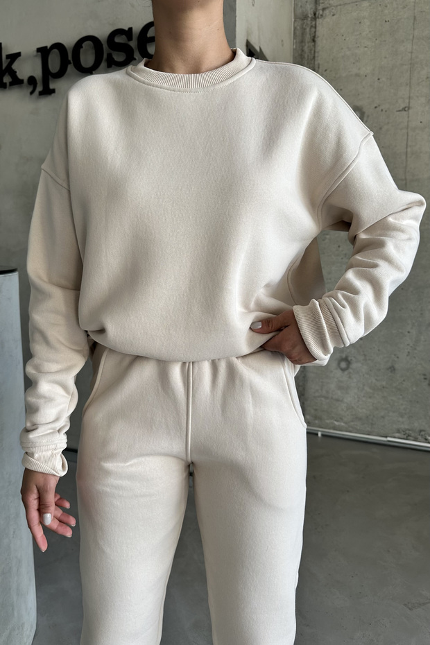 Beżowy komplet dresowy unisex oversize - okrągły dekolt - 3