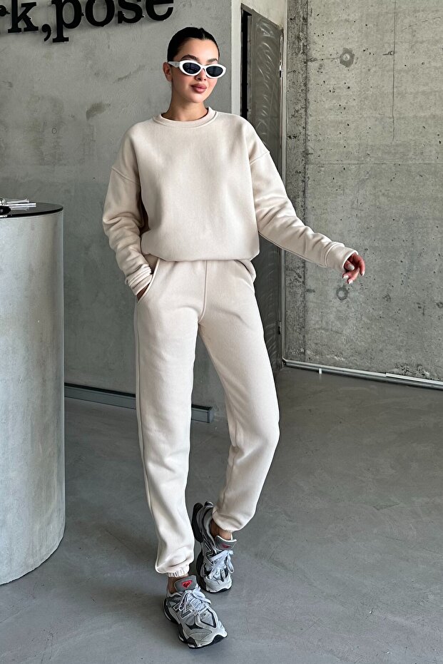 Beżowy komplet dresowy unisex oversize - okrągły dekolt - 1