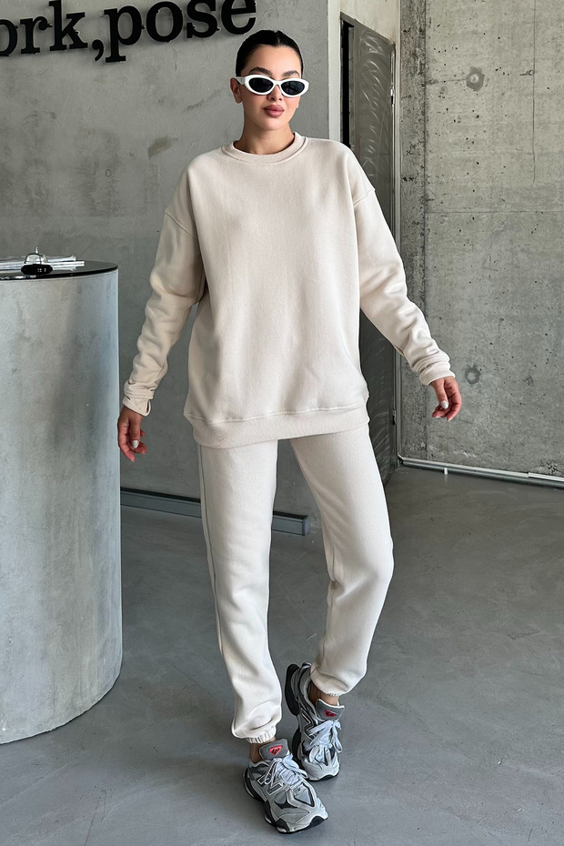 Beżowy komplet dresowy unisex oversize - okrągły dekolt - 5