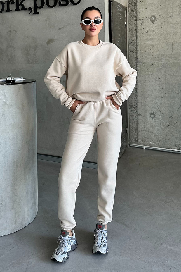 Beżowy komplet dresowy unisex oversize - okrągły dekolt - 6