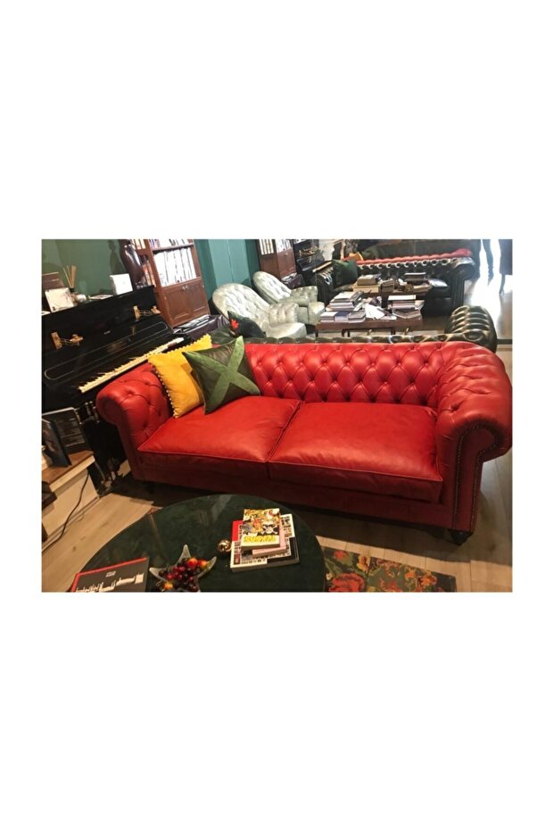 Red Hakiki Deri Chesterfield - 4