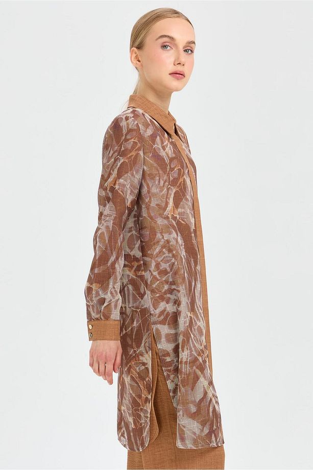 Desenli File Kumaş Tunik Pantolon Takım  Camel - 3