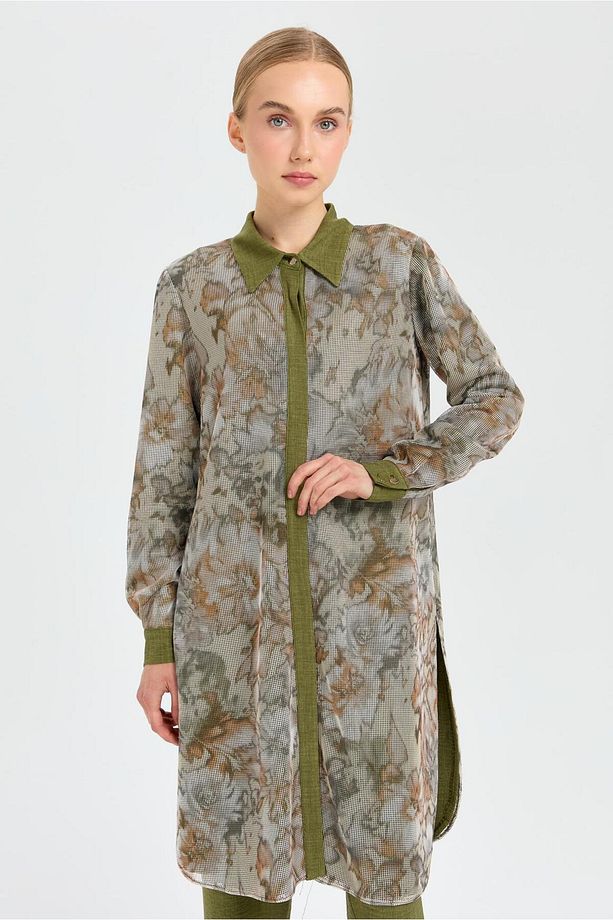 Desenli File Kumaş Tunik Pantolon Takım  Haki - 2