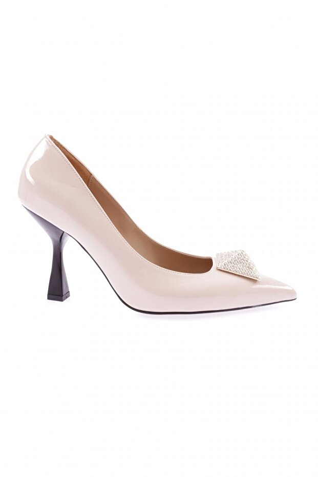 Women's Pointed Toe Low-Cut Square Stone Buckle Heeled Shoes Beige Patent Leather