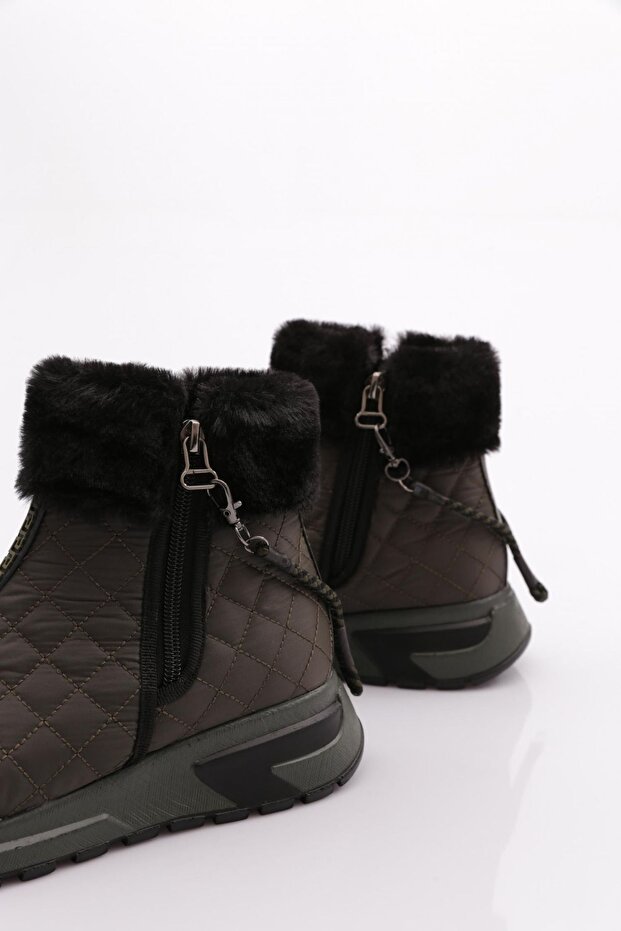 Női vastag talpú cipzáras részletes szőrme csizma Khaki 79633363 - 4