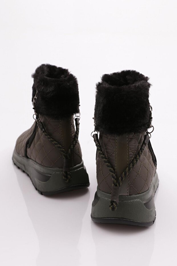 Női vastag talpú cipzáras részletes szőrme csizma Khaki 79633363 - 3