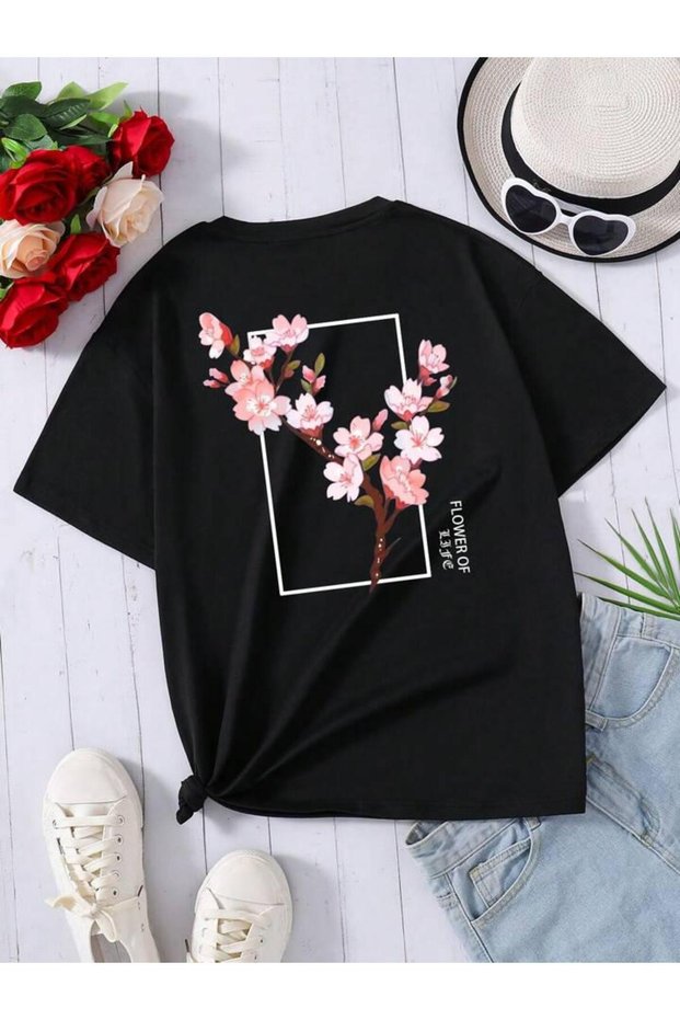 Kids' Flower Printed Short Sleeve %100 Cotton t-shirt