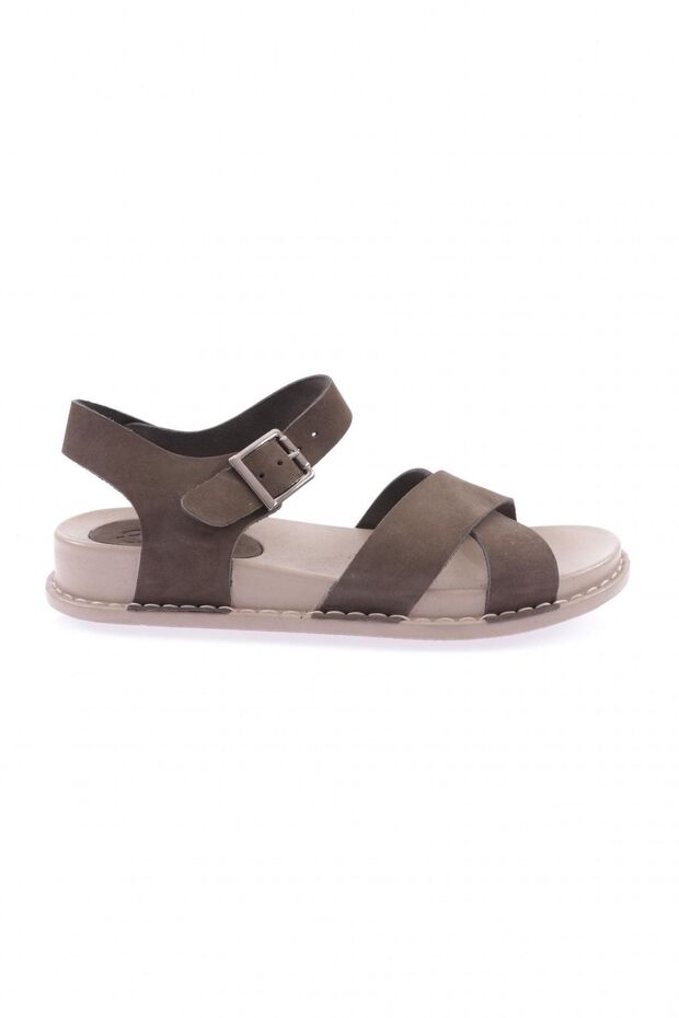 P31-23Y Women's Cross-Strap Sandals Genuine Leather Khaki Nubuck