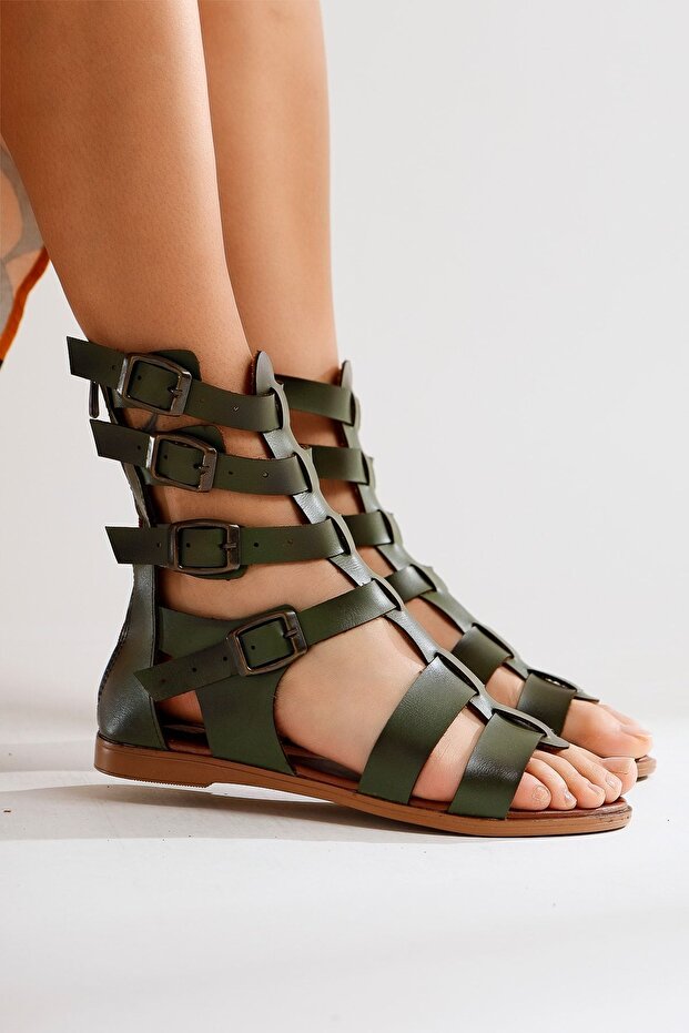 Genuine Leather Miranda Khaki Zippered Gladiator Women's Sandals Opportunity Product