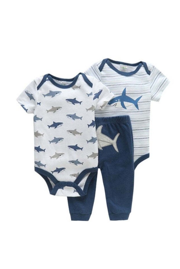 Baby Bodysuit Bodysuit of 3 with Short Sleeves for Girls and Boys (Blue Fish) 3 Months
