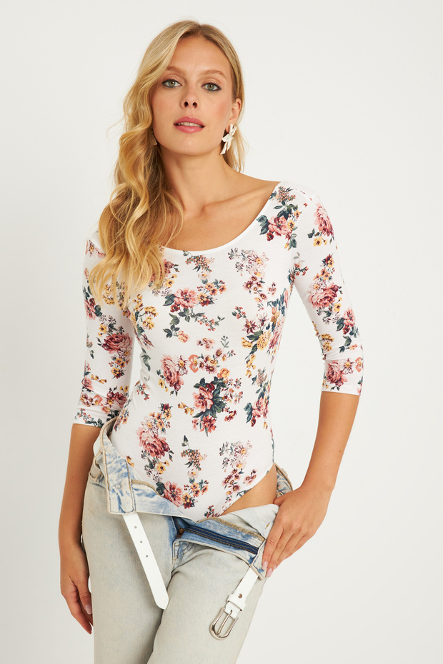 Ecru Women's Bodysuit - Floral Pattern and Snaps, RK40