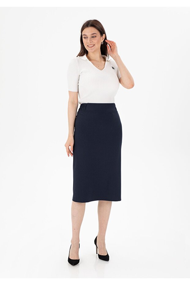Navy Blue Color Midi Length Classic Pencil Skirt with Elastic Waist and Back Slit with Zipper