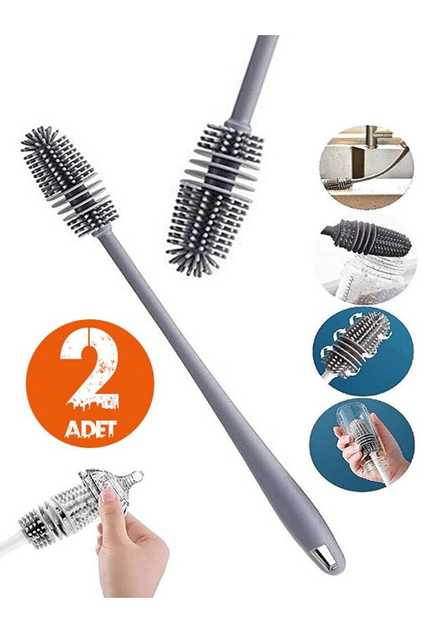 2'li Set Biberon Termos Suluk Sürahi Cam Şişe Bardak Kavanoz Yıkama Ve Temizleme Fırçası Tpr Silikon - 1