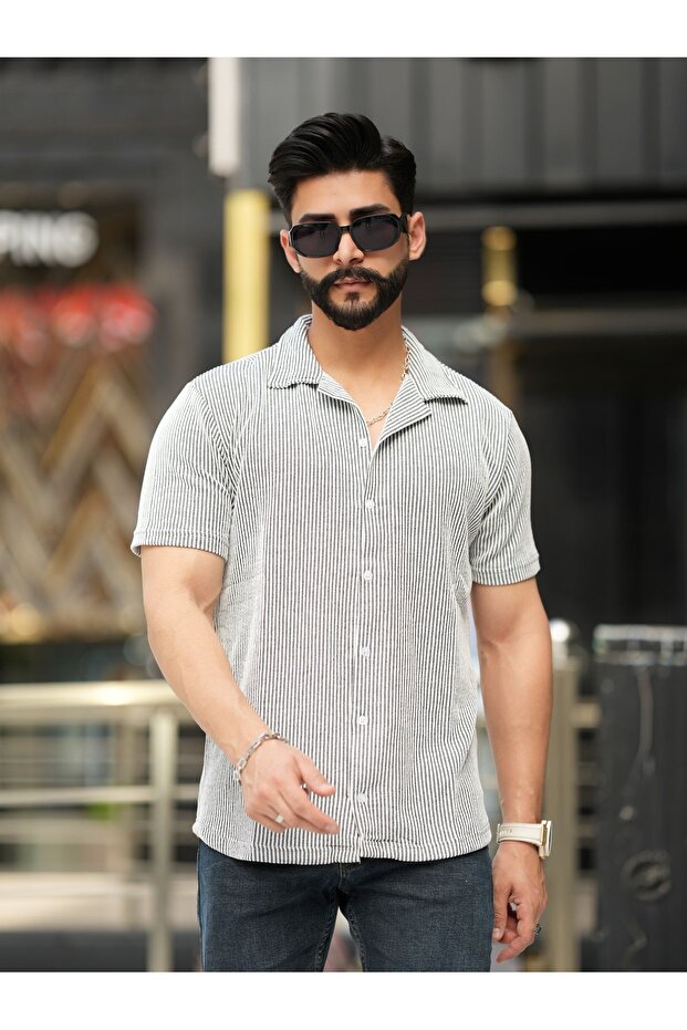 Men's Black and White Striped Patterned Corded Cotton Summer Short Sleeve Apaj Collar Shirt