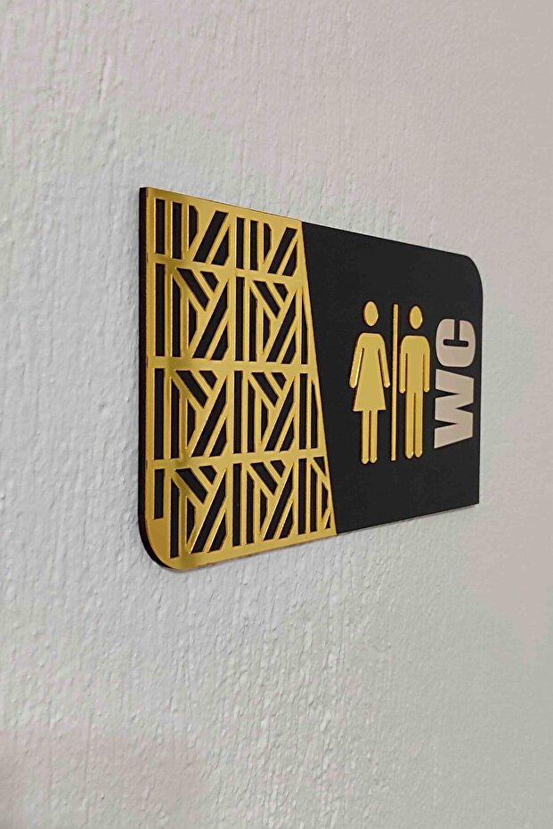 Horizontal Black Wc Gold Plexi Embossed Bay & - Man & Woman Warning Direction Sign