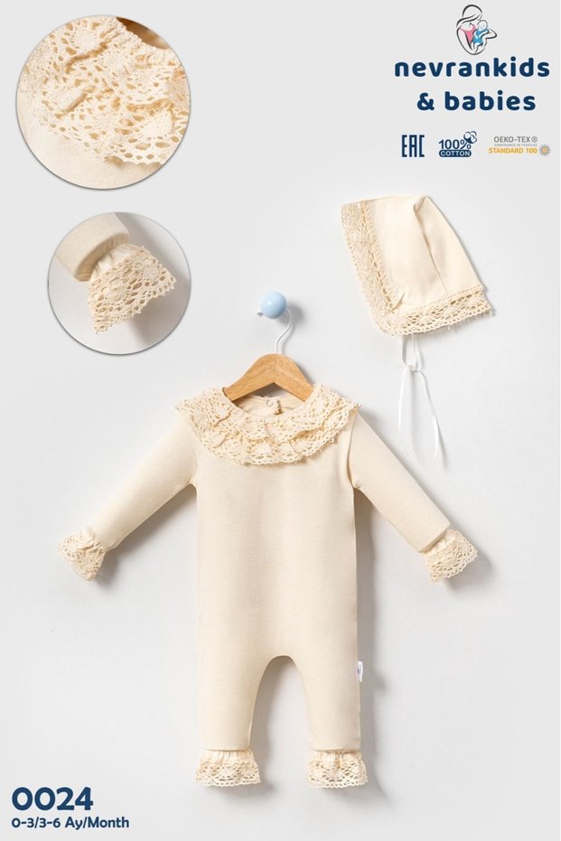 Organic Lace Baby Girl Jumpsuit with Hat Hospital Exit Lace Embroidered Gift Mevlüt Outfit
