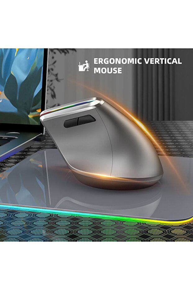 INFINY V20LD Bluetooth5.0 + 2.4Ghz. RGB LED'li Şarjlı Kablosuz Ergonomik Dikey  Vertical Mouse - 6