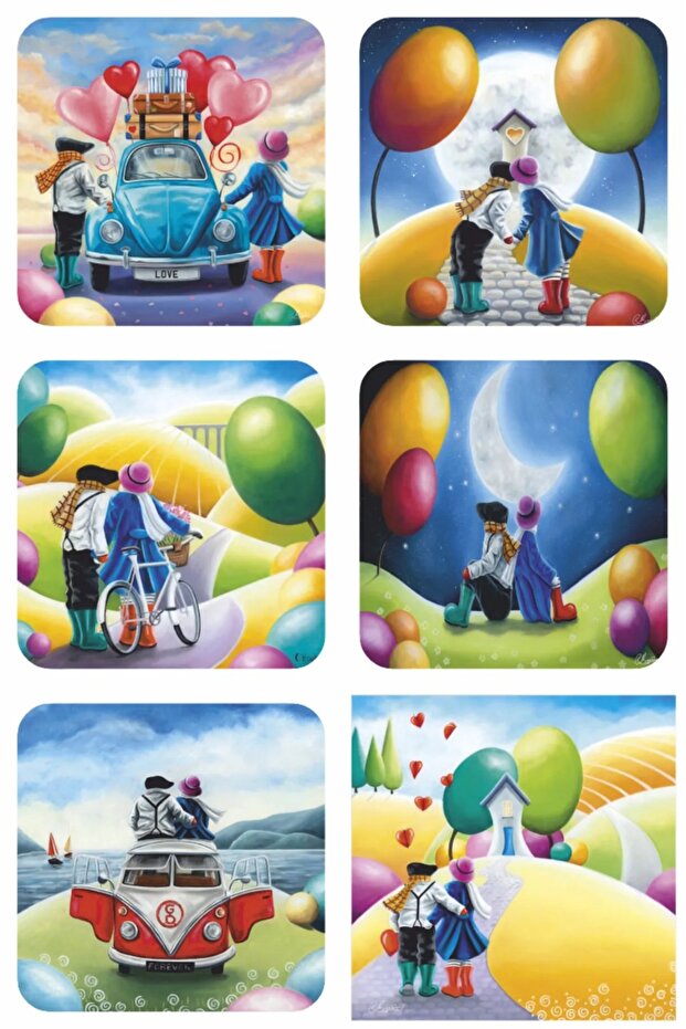 Cute Lover Romantic Valentine's Day Gift VW Beetle Bicycle Heart Balloon 6-Piece Wooden Coaster Set