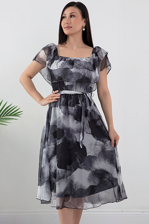 Madonna Yaka Baskılı Şifon Elbise GRS3446 - 2